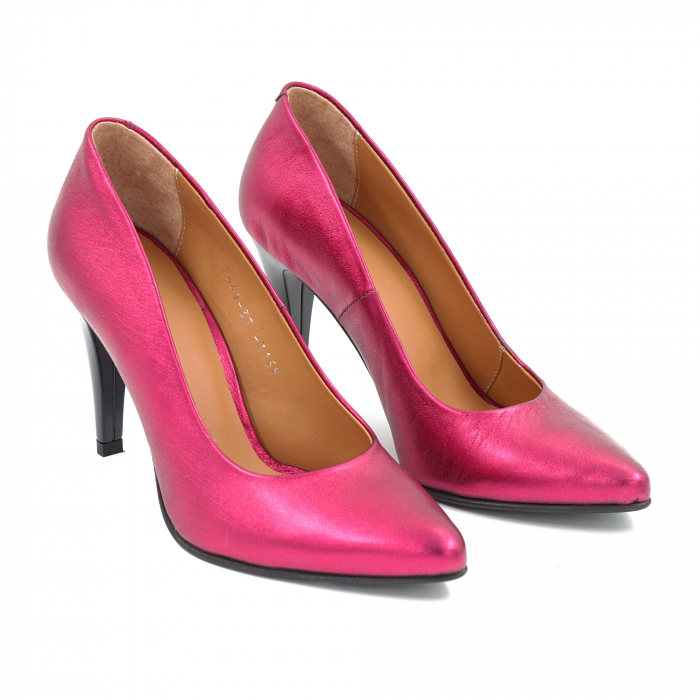 Pantofi dama din piele naturala fucsia metalizata cu varf ascutit stiletto si toc inalt subtire 9 cm 1159-2-25 [3]