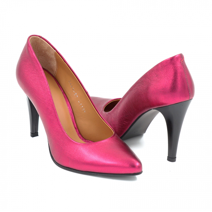 Pantofi dama din piele naturala fucsia metalizata cu varf ascutit stiletto si toc inalt subtire 9 cm 1159-2-25 [4]