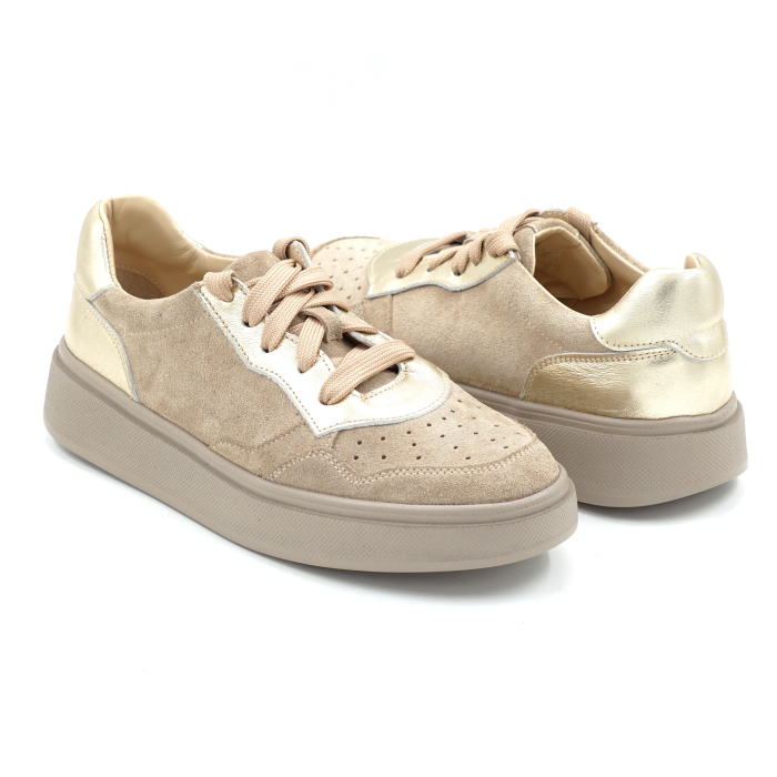 Pantofi dama  tip adidas din piele naturala intoarsa bej cappucino, alb, auriu cu varf rotund si talpa de 2 cm 50526-1-26 [4]