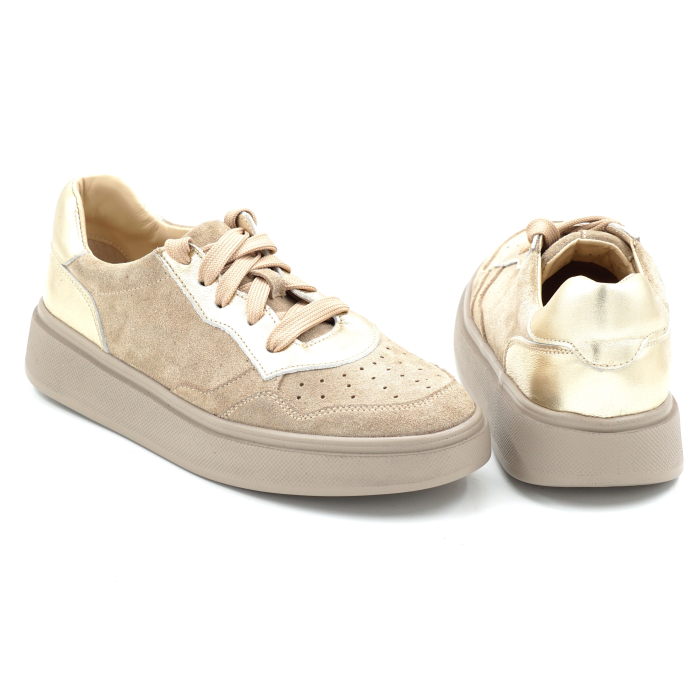 Pantofi dama  tip adidas din piele naturala intoarsa bej cappucino, alb, auriu cu varf rotund si talpa de 2 cm 50526-1-26 [5]