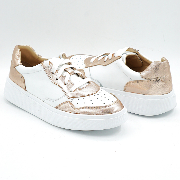Pantofi dama tip adidas din piele naturala alba si auriu cu varf rotund si talpa de 3 cm 50526-26 [4]
