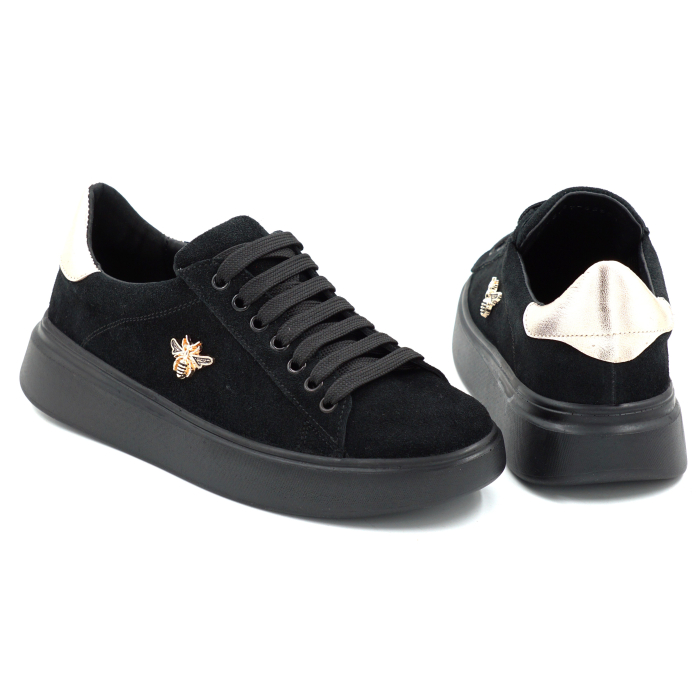 Pantofi dama tip adidas din piele naturala intoarsa neagra si aurie cu varf rotund si talpa de 3 cm 62921-25 [5]