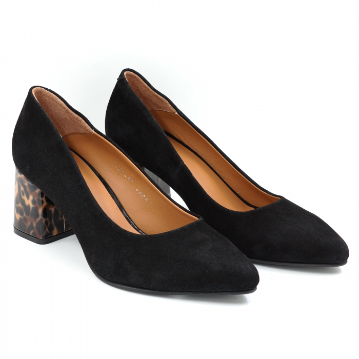 Pantofi dama din piele naturala intoarsa neagra si cu imprimeu animal print cu varf ascutit stileto si toc mic gros imbracat 6 cm 6057-25 [3]