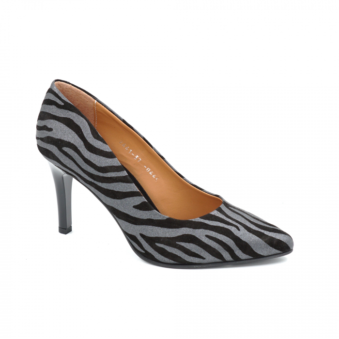 Pantofi dama din piele naturala animal print zebra cu dungi argintii cu varf ascutit stileto si toc mediu subtire 7 cm 0445-25 [2]