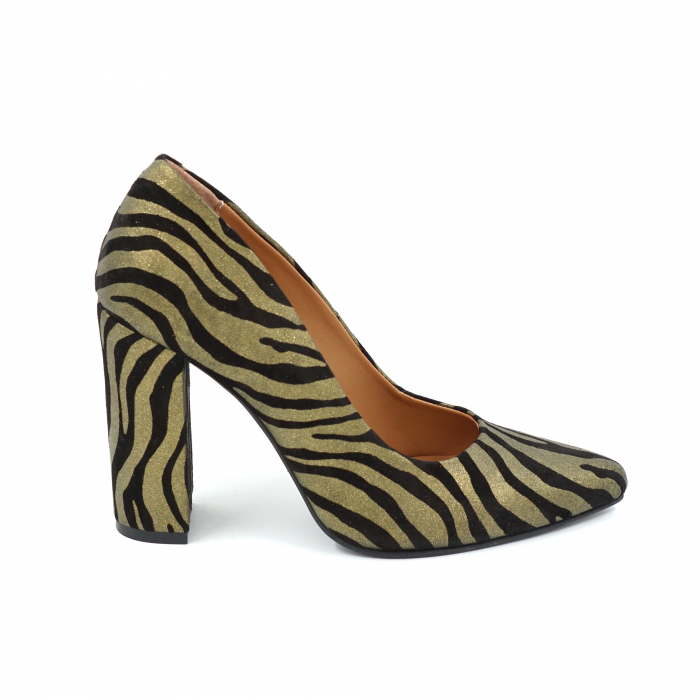 Pantofi dama din piele naturala cu imprimeu zebra auriu cu negru cu varf ascutit stileto si toc inalt gros imbracat 9 cm 1159-1-25 [1]