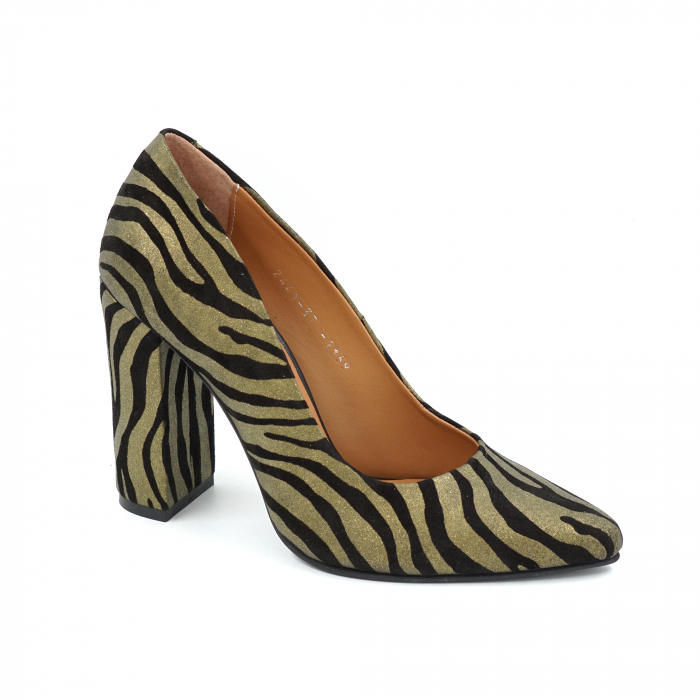 Pantofi dama din piele naturala cu imprimeu zebra auriu cu negru cu varf ascutit stileto si toc inalt gros imbracat 9 cm 1159-1-25 [2]