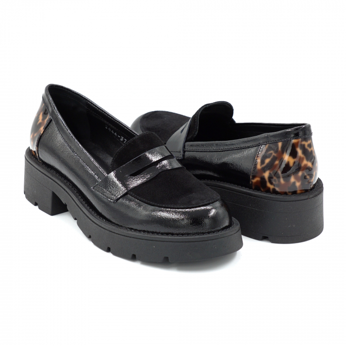 Pantofi dama casual loafers din piele naturala lacuita si intoarsa neagra si cu imprimeu lacuit animal print cu varf rotund si talpa 4 cm 50425-25 [4]