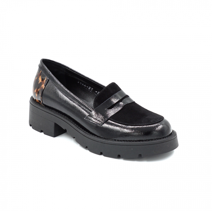Pantofi dama casual loafers din piele naturala lacuita si intoarsa neagra si cu imprimeu lacuit animal print cu varf rotund si talpa 4 cm 50425-25 [2]