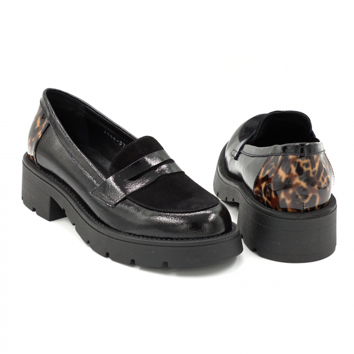 Pantofi dama casual loafers din piele naturala lacuita si intoarsa neagra si cu imprimeu lacuit animal print cu varf rotund si talpa 4 cm 50425-25 [5]