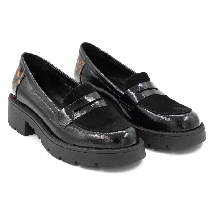 Pantofi dama casual loafers din piele naturala lacuita si intoarsa neagra si cu imprimeu lacuit animal print cu varf rotund si talpa 4 cm 50425-25 [3]