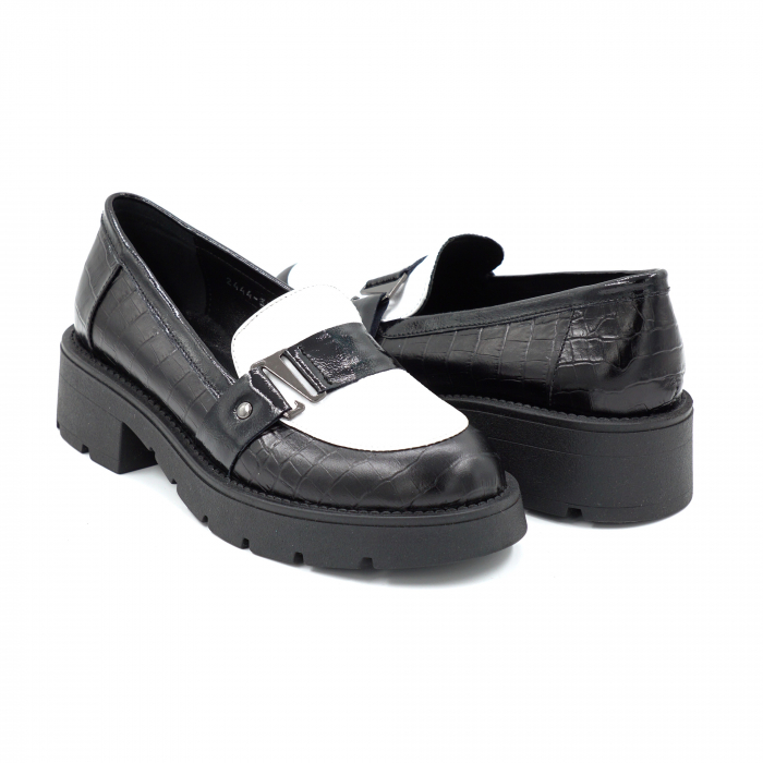 Pantofi dama casual loafers din piele naturala neagra si alba cu varf rotund si talpa 4 cm 52125-25 [3]