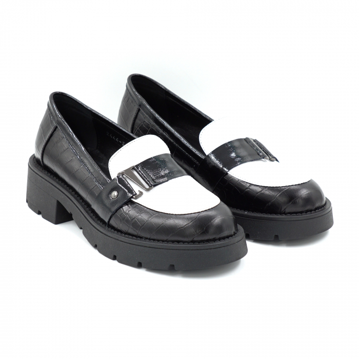Pantofi dama casual loafers din piele naturala neagra si alba cu varf rotund si talpa 4 cm 52125-25 [4]