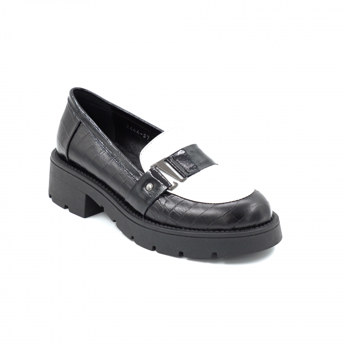 Pantofi dama casual loafers din piele naturala neagra si alba cu varf rotund si talpa 4 cm 52125-25 [2]