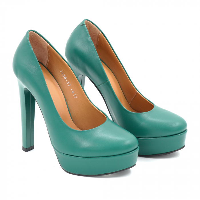 Pantofi dama din piele naturala verde menta cu varf rotund, platforma 3 cm si toc inalt gros 13 cm  0476-25 [3]