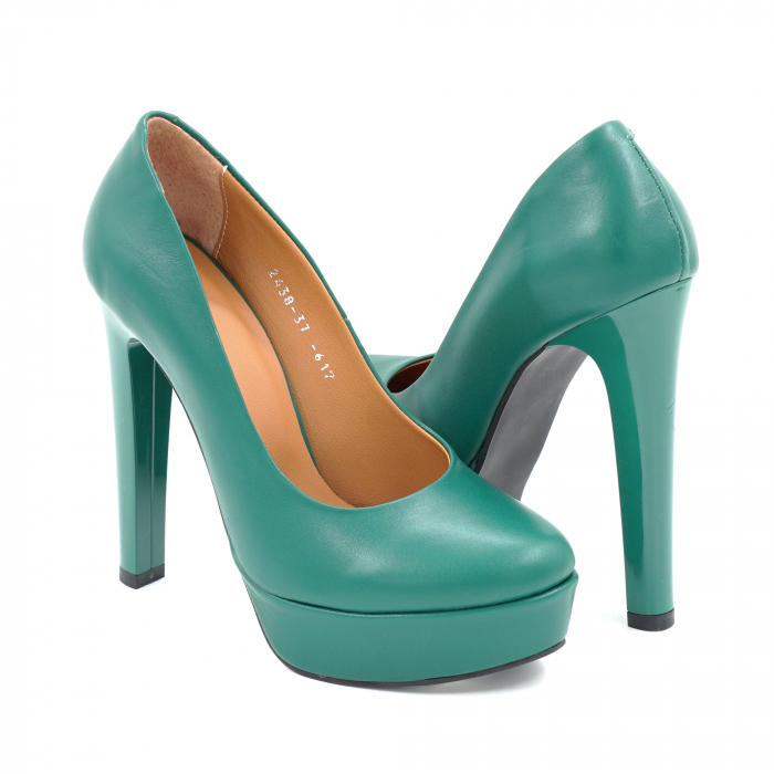Pantofi dama din piele naturala verde menta cu varf rotund, platforma 3 cm si toc inalt gros 13 cm  0476-25 [4]