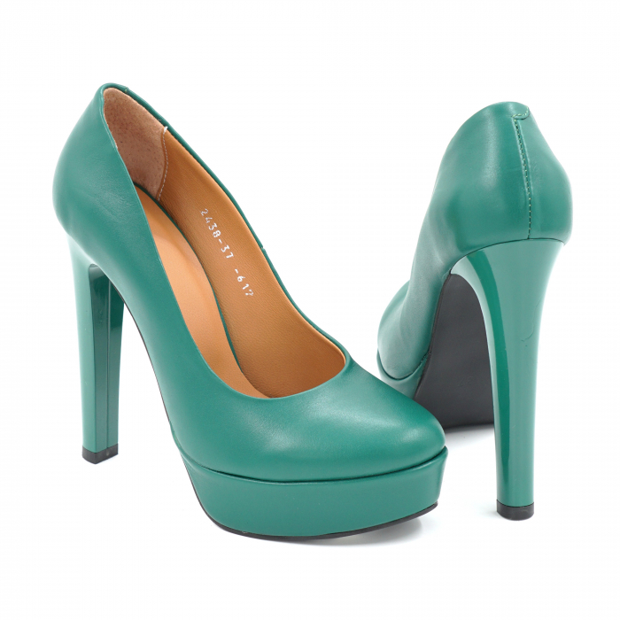Pantofi dama din piele naturala verde menta cu varf rotund, platforma 3 cm si toc inalt gros 13 cm  0476-25 [5]
