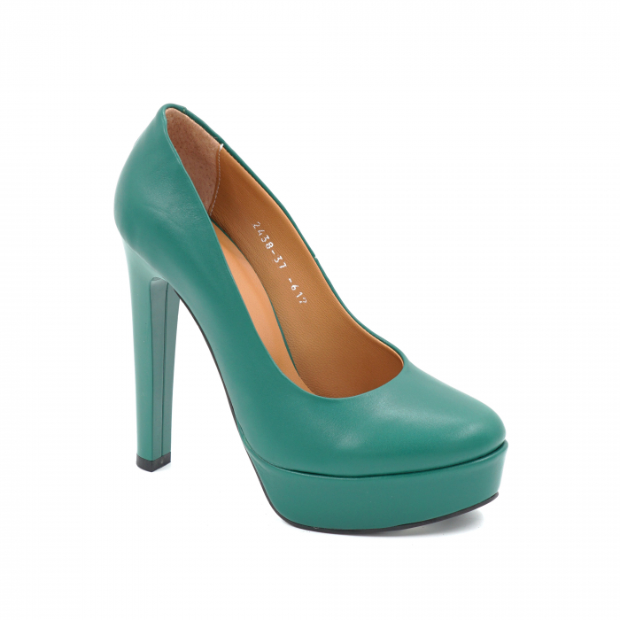 Pantofi dama din piele naturala verde menta cu varf rotund, platforma 3 cm si toc inalt gros 13 cm  0476-25 [2]