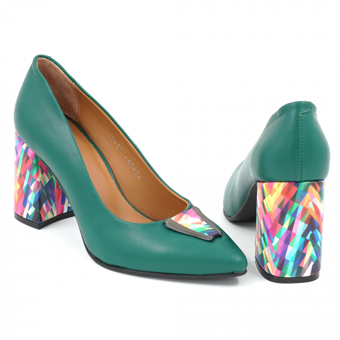 Pantofi dama din piele naturala verde menta si cu imprimeu multicolor cu  varf ascutit stileto si  toc inalt gros imbracat 8 cm 50824-1-25 [3]