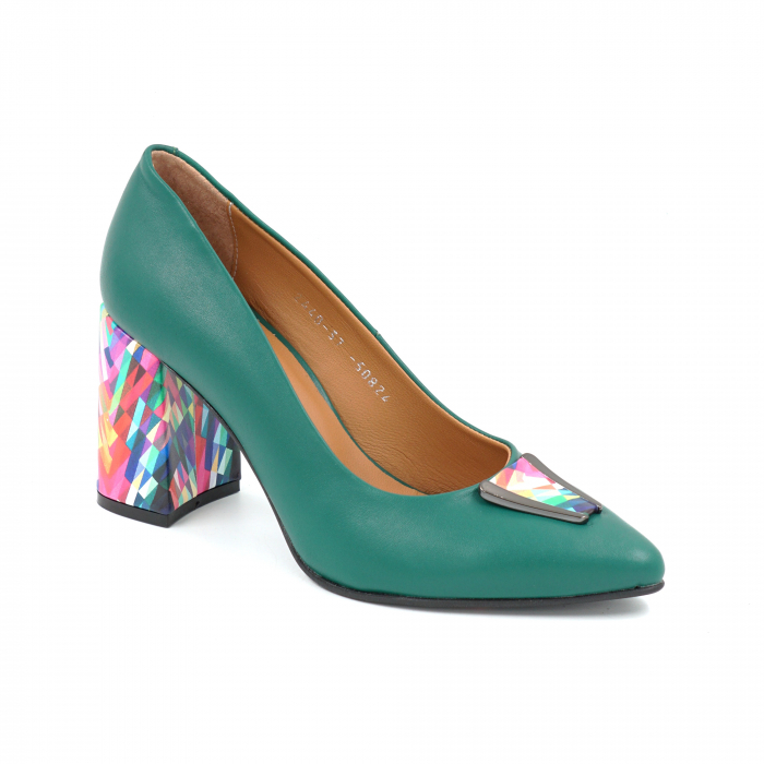 Pantofi dama din piele naturala verde menta si cu imprimeu multicolor cu  varf ascutit stileto si  toc inalt gros imbracat 8 cm 50824-1-25 [5]
