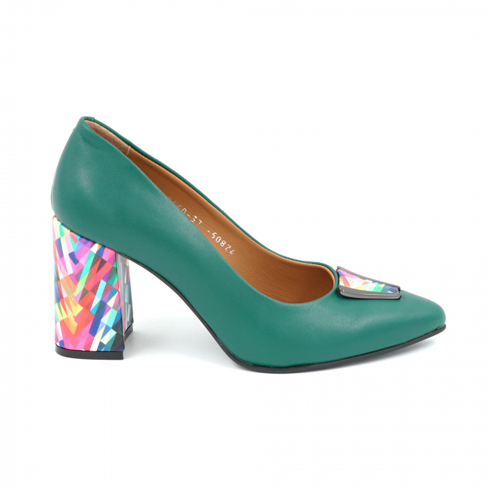 Pantofi dama din piele naturala verde menta si cu imprimeu multicolor cu  varf ascutit stileto si  toc inalt gros imbracat 8 cm 50824-1-25 [4]