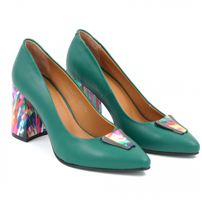 Pantofi dama din piele naturala verde menta si cu imprimeu multicolor cu  varf ascutit stileto si  toc inalt gros imbracat 8 cm 50824-1-25 [2]