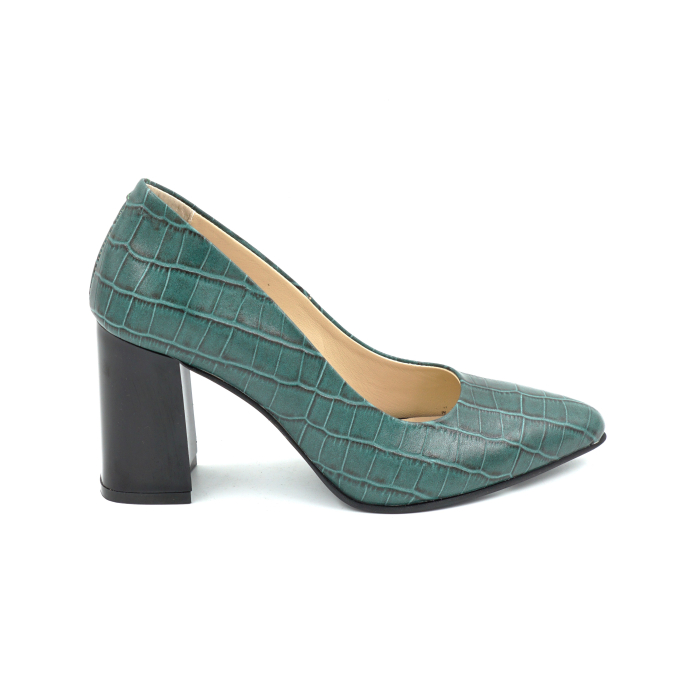 Pantofi dama din piele naturala croco verde cu varf ascutit stiletto si toc mediu gros de 8 cm 8057-18-25 [1]