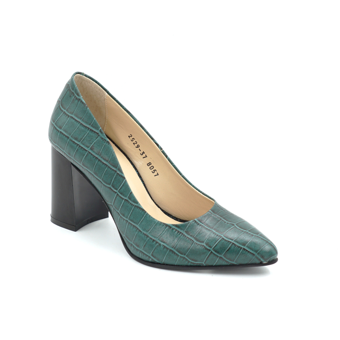 Pantofi dama din piele naturala croco verde cu varf ascutit stiletto si toc mediu gros de 8 cm 8057-18-25 [2]