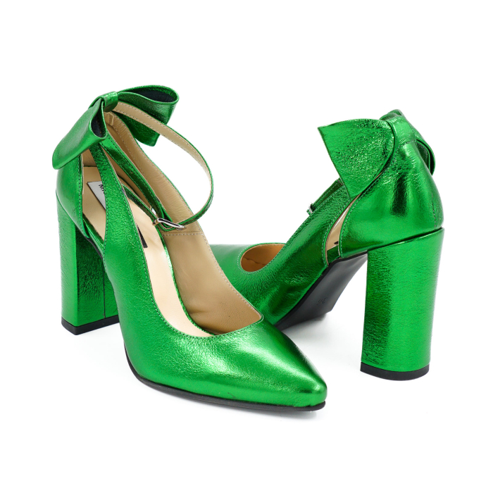 Pantofi dama din piele naturala verde deschis metalizat, cu varf ascutit si toc inalt gros imbracat 9 cm 50719-1-26 [5]