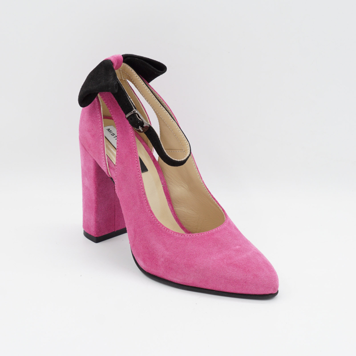 Pantofi dama din piele naturala intoarsa roz fucsia, cu varf ascutit si toc inalt gros imbracat 9 cm 50719-26 [5]