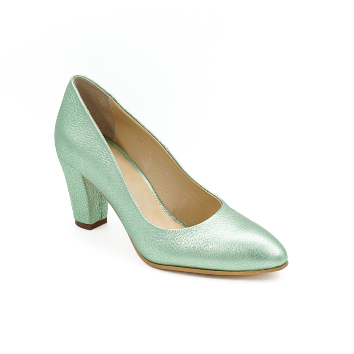 Pantofi dama din piele naturala verde deschis sidefat, cu varf ascutit si toc mediu gros imbracat de 7 cm 0449-13-26 [2]