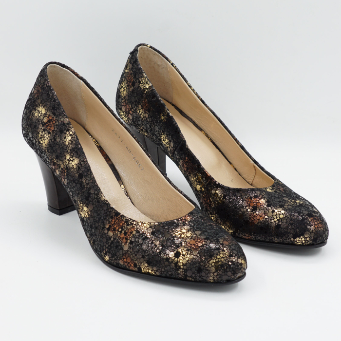 Pantofi dama din piele naturala neagra cu imprimeu, cu varf rotund si toc mic gros 6 cm 6052-1-26 [3]