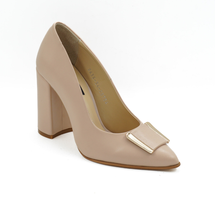 Pantofi dama din piele naturala nude bej, cu varf ascutit stiletto si toc inalt gros imbracat de  9 cm 50724-3-26 [3]