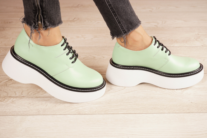 Pantofi dama casual din piele naturala verde deschis cu varf rotund si talpa inalta 4 cm 50121-21 [3]