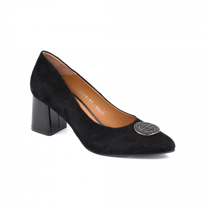 Pantofi dama din piele naturala intoarsa neagra cu varf ascutit stiletto si toc mediu gros 8 cm 50825-1-25 [4]