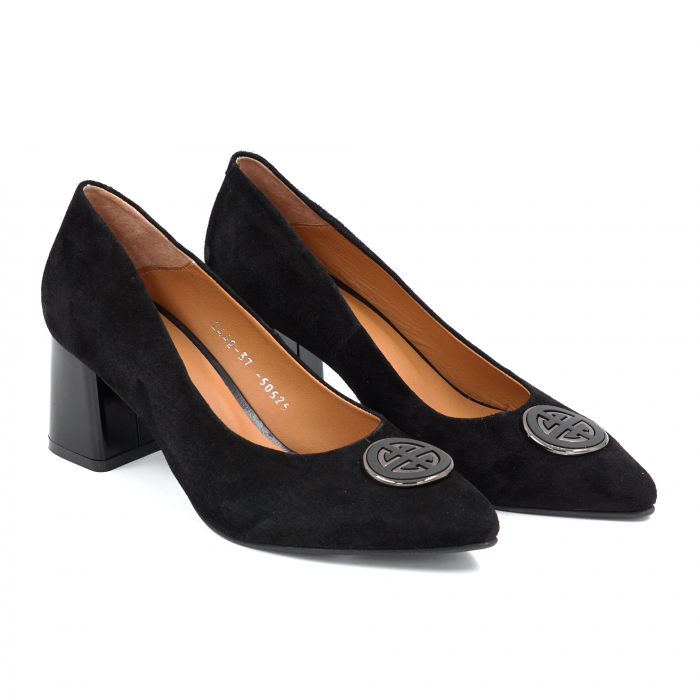 Pantofi dama din piele naturala intoarsa neagra cu varf ascutit stiletto si toc mediu gros 8 cm 50825-1-25 [2]