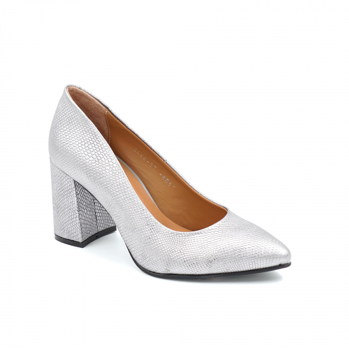 Pantofi dama din piele naturala argintie cu imprimeu sarpe cu  varf ascutit stileto si toc mediu gros imbracat 8 cm  8057-5-25 [2]