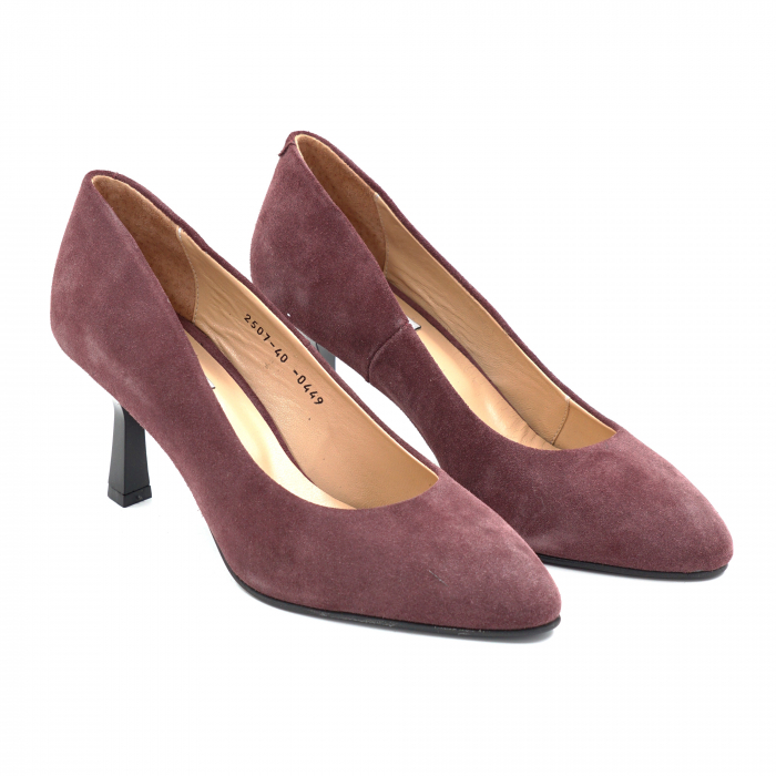Pantofi dama din piele naturala intoarsa bordo cu varf ascutit si toc mediu subtire 7 cm 0449-25 [3]