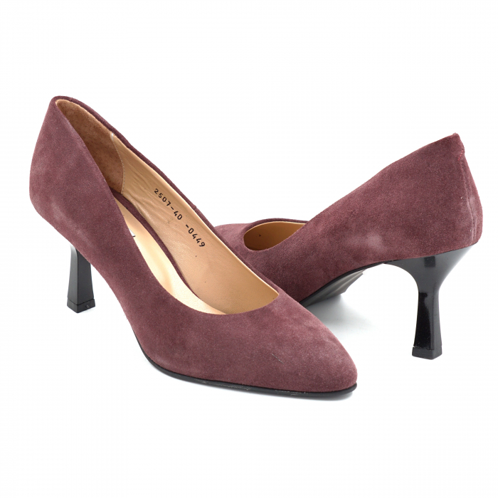Pantofi dama din piele naturala intoarsa bordo cu varf ascutit si toc mediu subtire 7 cm 0449-25 [4]
