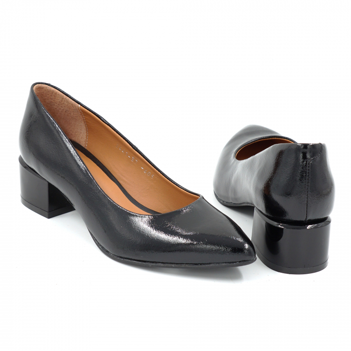 Pantofi dama din piele naturala neagra lacuita cu varf ascutit stileto si toc mic gros 4 cm 4057-25 [5]