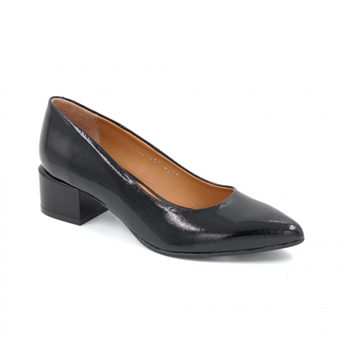 Pantofi dama din piele naturala neagra lacuita cu varf ascutit stileto si toc mic gros 4 cm 4057-25 [2]