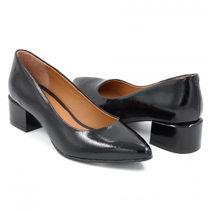 Pantofi dama din piele naturala neagra lacuita cu varf ascutit stileto si toc mic gros 4 cm 4057-25 [3]