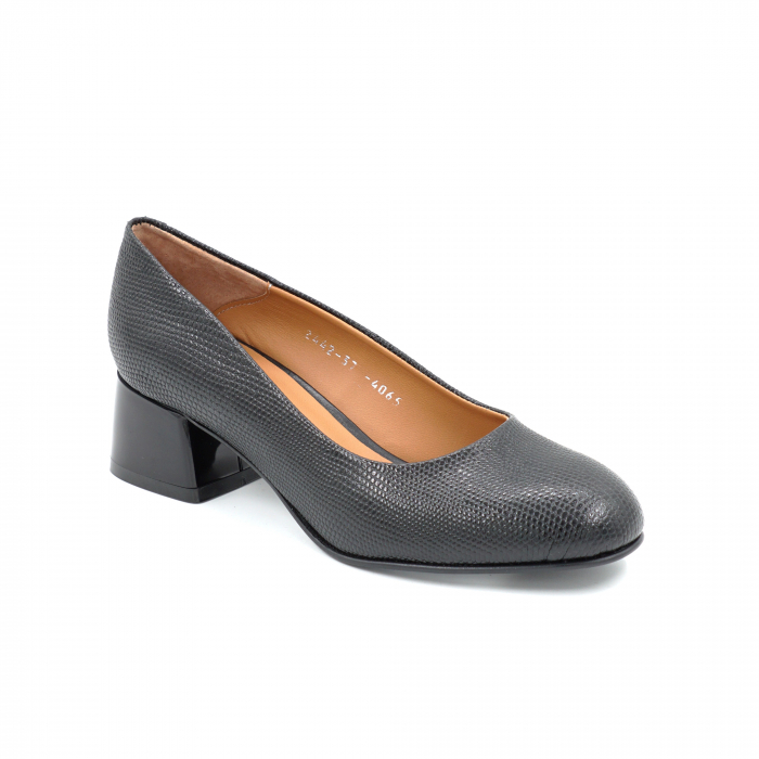 Pantofi dama din piele naturala neagra cu imprimeu cu varf rotund si  toc mic gros 4 cm  4065-25 [2]