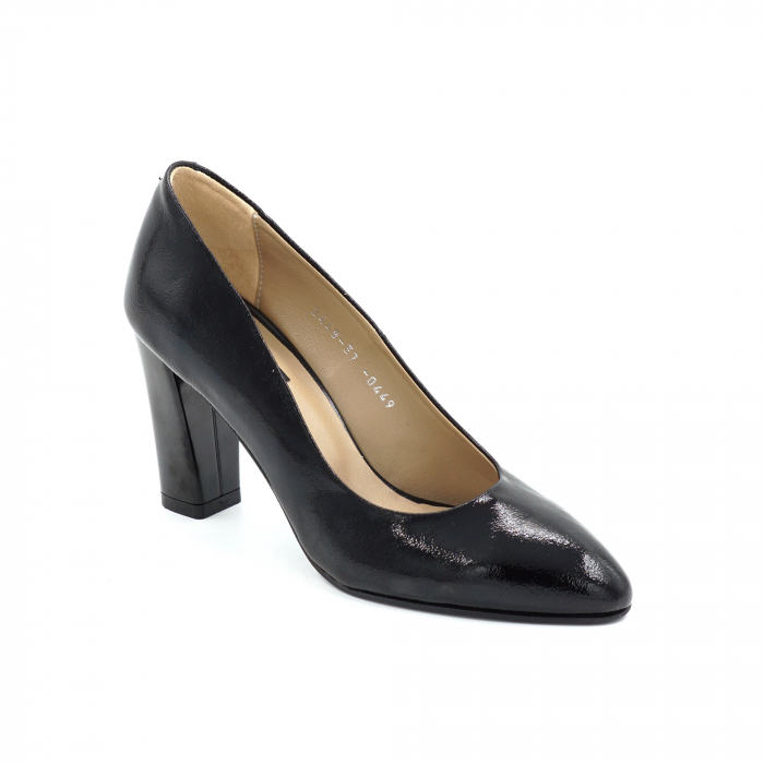 Pantofi dama piele naturala lacuita neagra cu varf ascutit si toc mediu gros 8 cm 0449-1-25 [2]