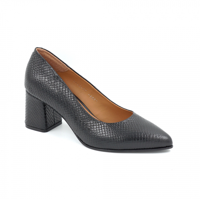 Pantofi dama din piele naturala neagra cu imprimeu sarpe cu varf  varf ascutit stileto si toc mic gros imbracat 6 cm  6057-2-25 [2]