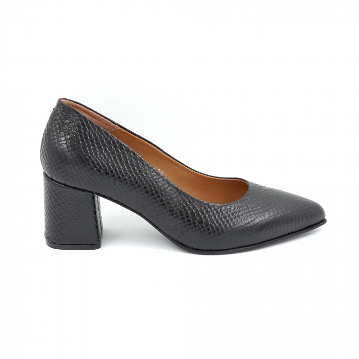 Pantofi dama din piele naturala neagra cu imprimeu sarpe cu varf  varf ascutit stileto si toc mic gros imbracat 6 cm  6057-2-25 [1]