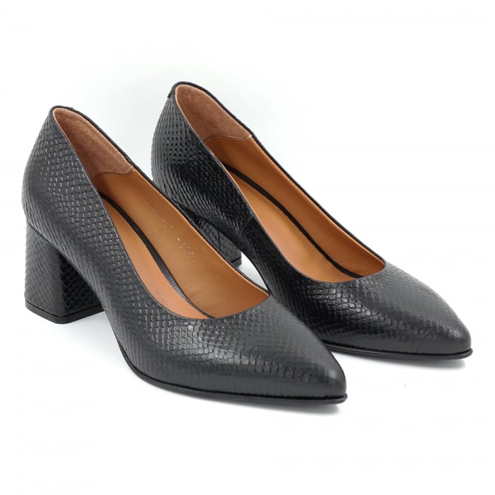 Pantofi dama din piele naturala neagra cu imprimeu sarpe cu varf  varf ascutit stileto si toc mic gros imbracat 6 cm  6057-2-25 [3]