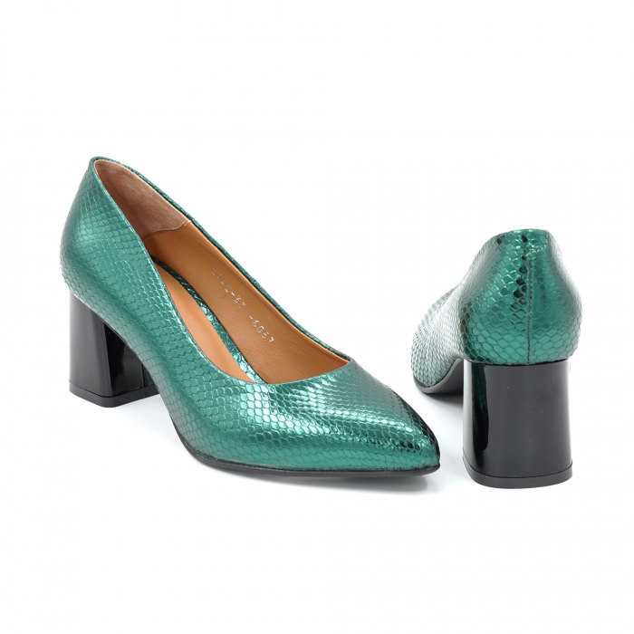 Pantofi dama din piele naturala verde menta metalizat cu imprimeu sarpe cu  varf ascutit stileto si toc mic gros 6 cm 6057-3-25 [5]
