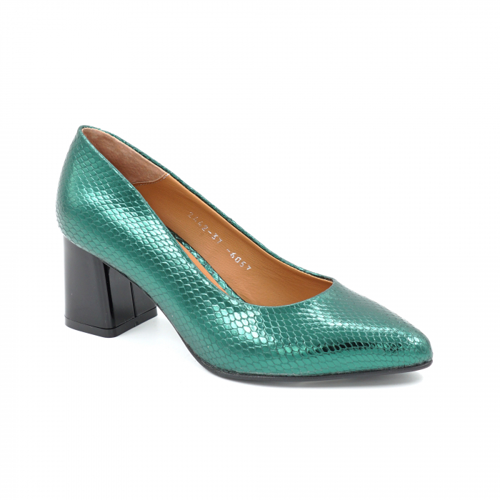 Pantofi dama din piele naturala verde menta metalizat cu imprimeu sarpe cu  varf ascutit stileto si toc mic gros 6 cm 6057-3-25 [2]