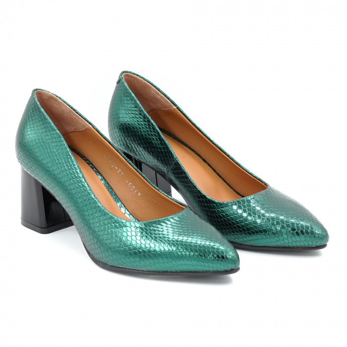 Pantofi dama din piele naturala verde menta metalizat cu imprimeu sarpe cu  varf ascutit stileto si toc mic gros 6 cm 6057-3-25 [3]