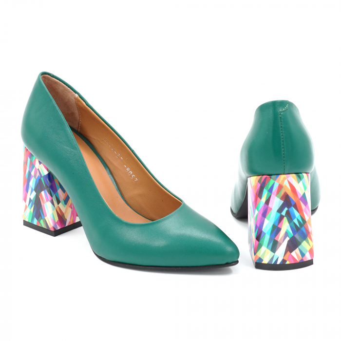 Pantofi dama din piele naturala verde menta si cu imprimeu multicolor cu varf ascutit stileto si  toc mediu gros imbracat 8 cm 8057-6-25 [5]